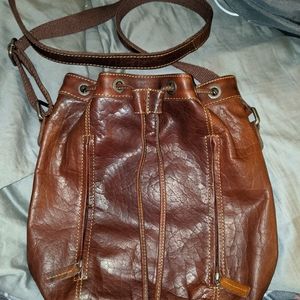 Durable leather drawstring bucket bag